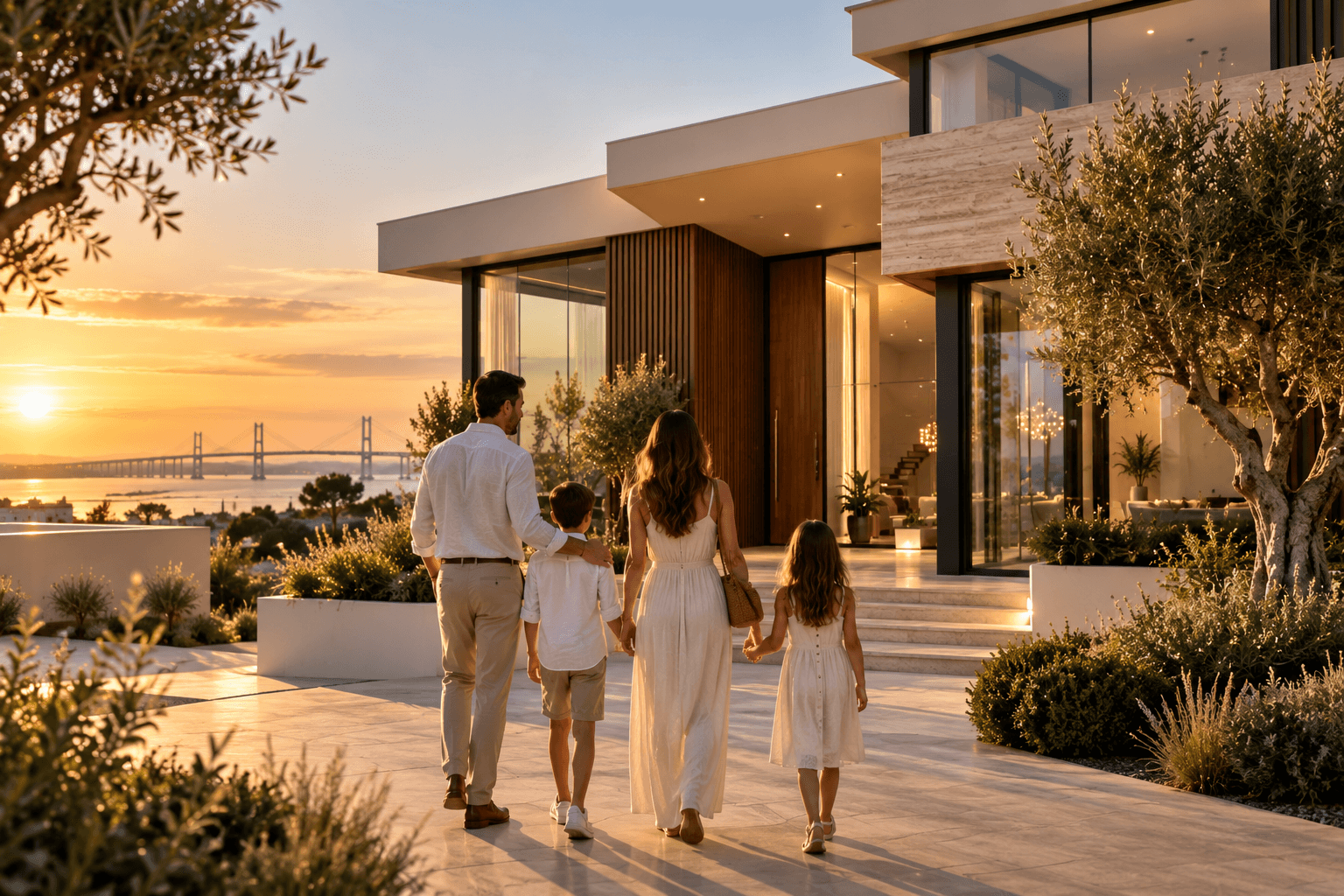 Família à entrada de uma moradia contemporânea ao pôr do sol.