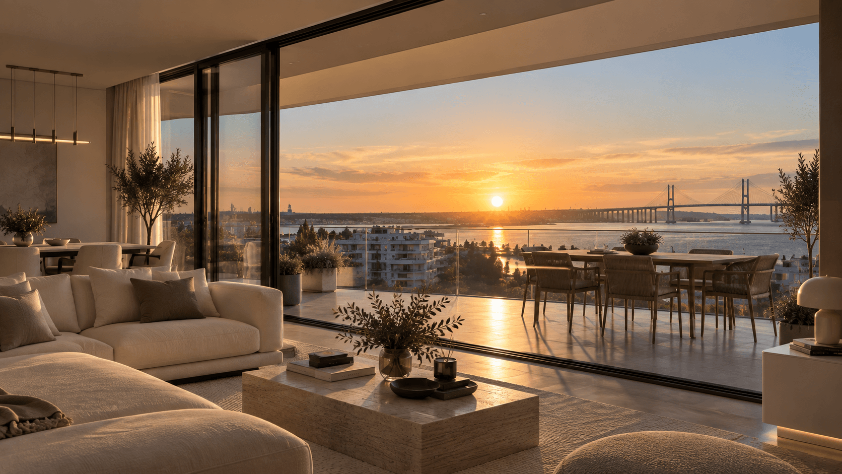 Imagem editorial fornecida para a homepage: interior contemporaneo com terraco e vista para o Tejo ao por do sol.